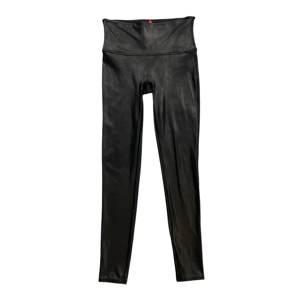 Spanx Leggings Womens L Large Black Coated Faux Leather High Waist Ankle Pull On